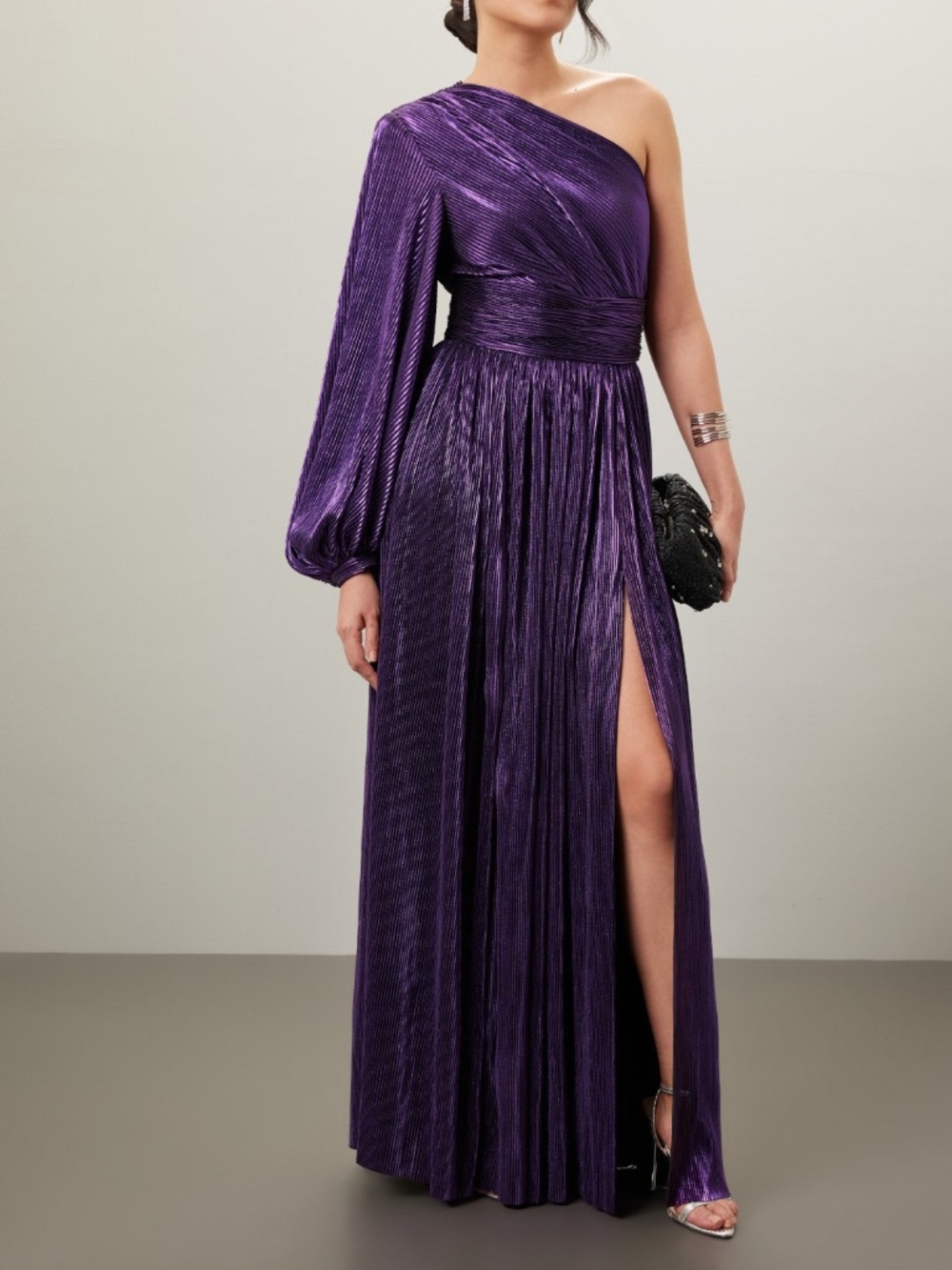Bronx and Banco Purple Metallic One Shoulder Florence Maxi Dress Gown MEDIUM